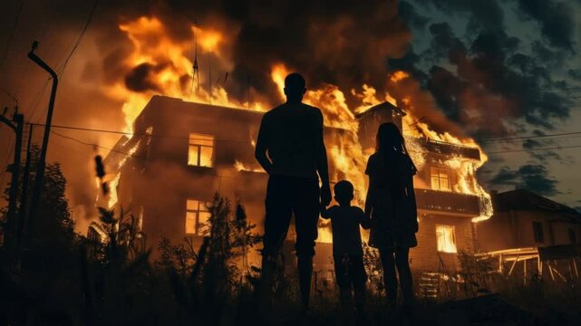 Family watching burning house at night, fire disaster, emergency situation, silhouettes in front of flames.