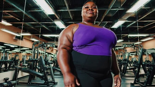Fitness Confidence: A vibrant individual, dressed in activewear, beams with confidence against a backdrop of modern gym equipment, showcasing an inspiring image of physical fitness and wellness.