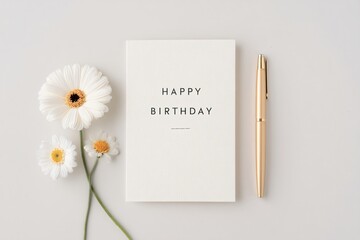 Flat lay birthday greeting card with gold pen and flowers minimalist style indoor setup aesthetic view