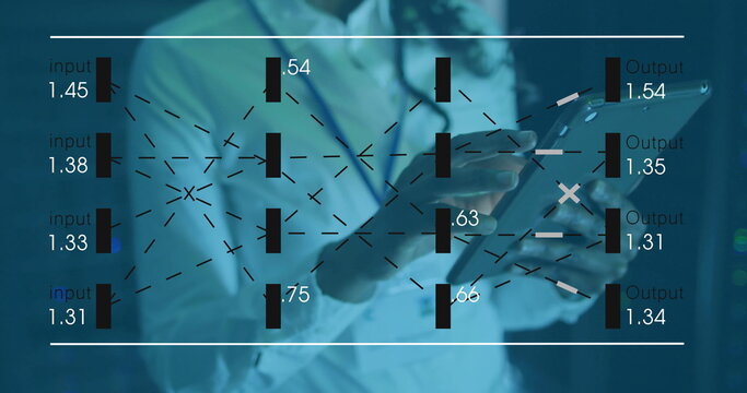 Woman in shirt and blue lanyard analyzing tablet neural network overlay in data center