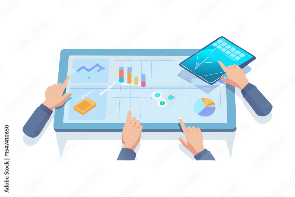 Poster team analyzing business data on interactive display