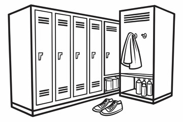 Row of lockers with shoes and towel isolated on white background