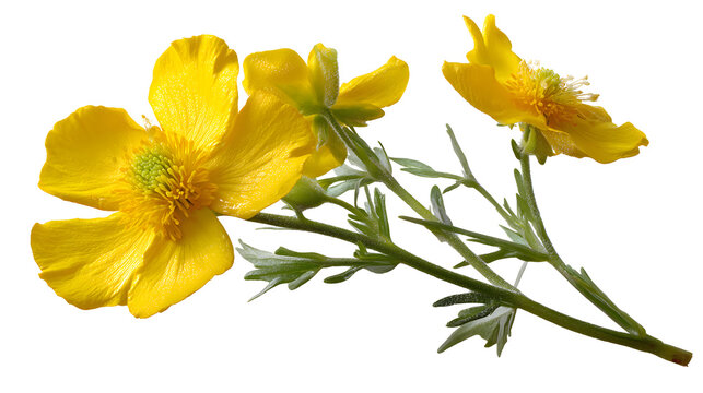 A vibrant cluster of yellow buttercup flowers showcases delicate petals and green foliage.
