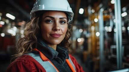 A determined woman in a hard hat and safety gear stands proud in a construction site, radiating strength and professionalism amidst industrial surroundings.