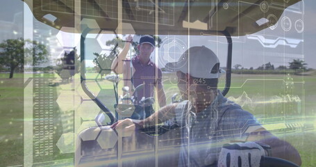 Driving golfer gripping cart wheel with golf glove on fairway, partner holding club and HUD overlay