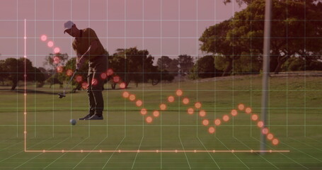 Aligning male golfer placing putter by ball on putting green, showing grid overlay, red data points