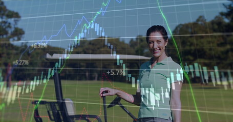 Standing woman golfer holding golf cart at golf course, with financial chart overlay, copy space