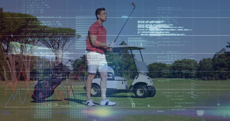 Swinging golfer wearing red shirt and white shorts, holding club on fairway with golf ball, carts