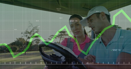Blue-clad golfer and pink-clad instructor analyzing green line graph, riding golf cart on fairway