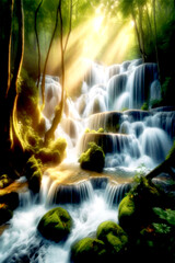 Obraz premium Serene cascading waterfall in lush green forest bathed in sunlight, creating a tranquil and peaceful atmosphere