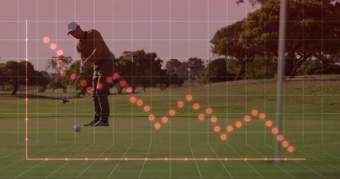 Aligning male golfer placing putter by ball on putting green, showing grid overlay, red data points - Powered by Adobe
