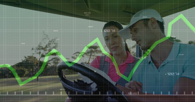 Blue-clad golfer and pink-clad instructor analyzing green line graph, riding golf cart on fairway - Powered by Adobe