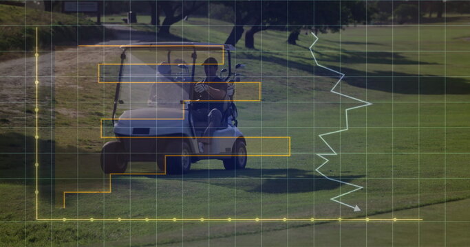 Male driver steering golf cart on manicured fairway, with golf clubs and data overlay