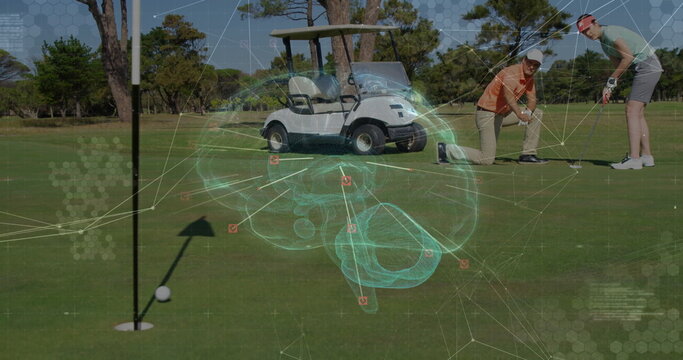 Aligning two golfers putting at golf course green, with golf cart, ball, hologram, copy space