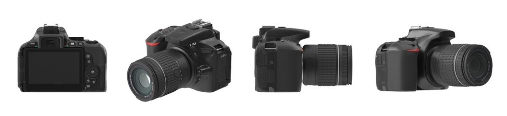 Fototapeta premium A black camera isolated in multiple view.