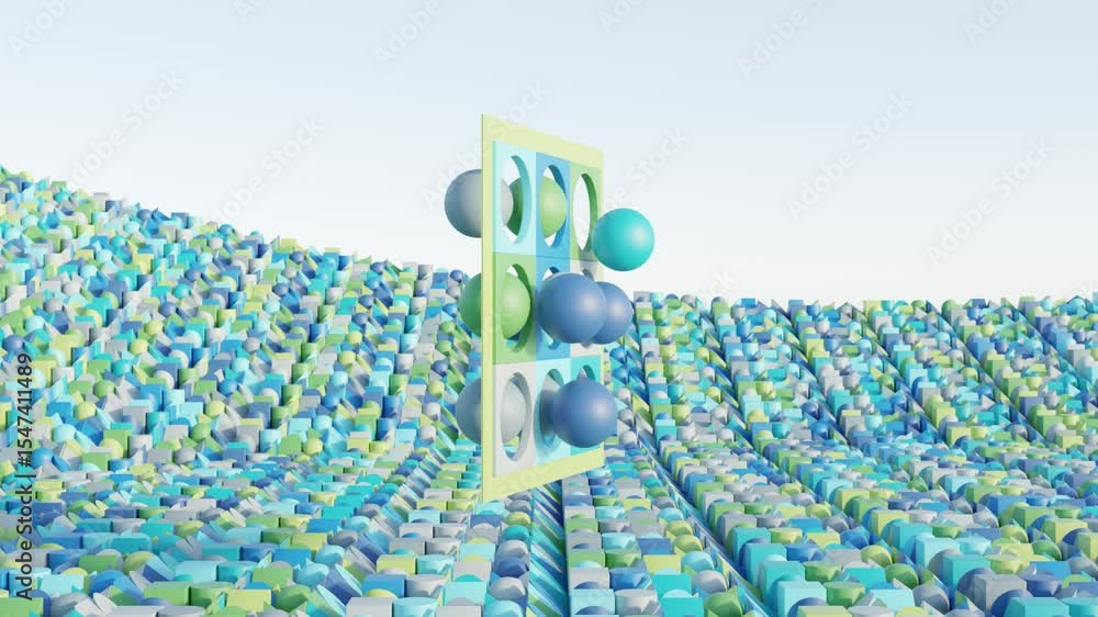 Poster seamless 3d loop of a central plate and floating spheres over a balanced blue, green, and gray backg