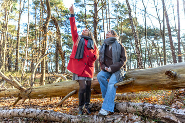 Two female friends on a walk in the forest. Friends walking through the forest. People in nature.