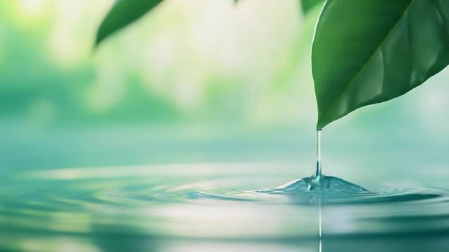 Green leaf and water drop creating ripples nature environment freshness pure aqua background