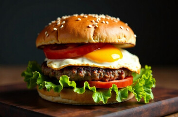 Burger with egg, beef cutlet and vegetables. 