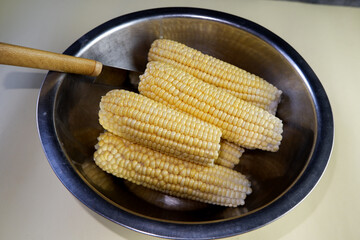 plain photo of raw corn on a plate with a white background
