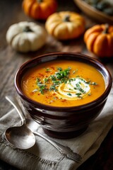 A steaming bowl of butternut squash soup garnished with cream and herbs, placed on a linen napkin with a spoon and small gourds around it, bathed in golden afternoon light