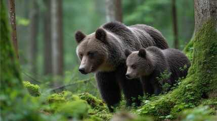 Obraz premium Brown bear mother and cub walking in green forest
