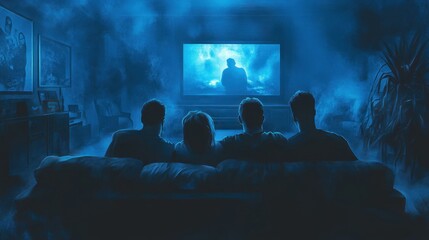 Silhouetted group watching TV