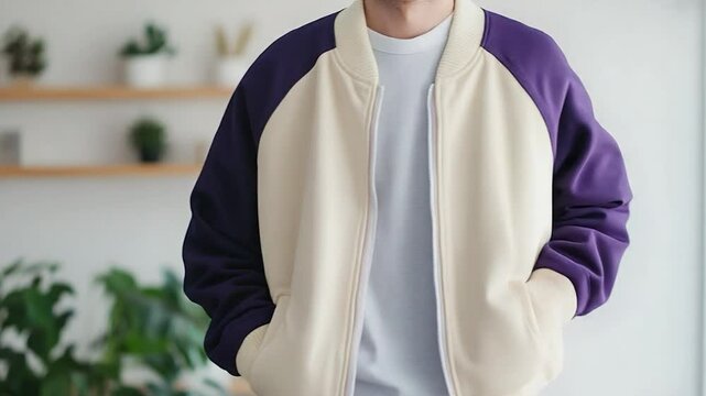 Cream and purple raglan jacket close up
