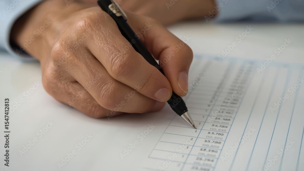 Poster a close-up of a hand holding a pen, writing on a financial document with printed numbers and columns