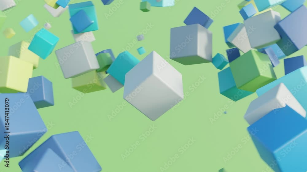 Poster seamless 3d loop animation of geometric cubes in blue-green-gray color palette, moving gently above 