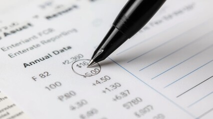 Document with financial data and a pen emphasizing a specific figure, representing annual reporting or accounting tasks.