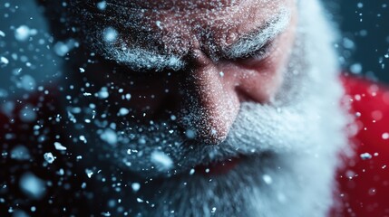 Obraz premium A captivating close-up of Santa Claus with snowflakes gently falling around him, evoking the magic and warmth of the holiday season during winter festivities.