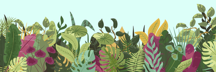 Tropical forest background. Nature green leaves, exotic plants, botanical border, horizontal floral banner, card design. 