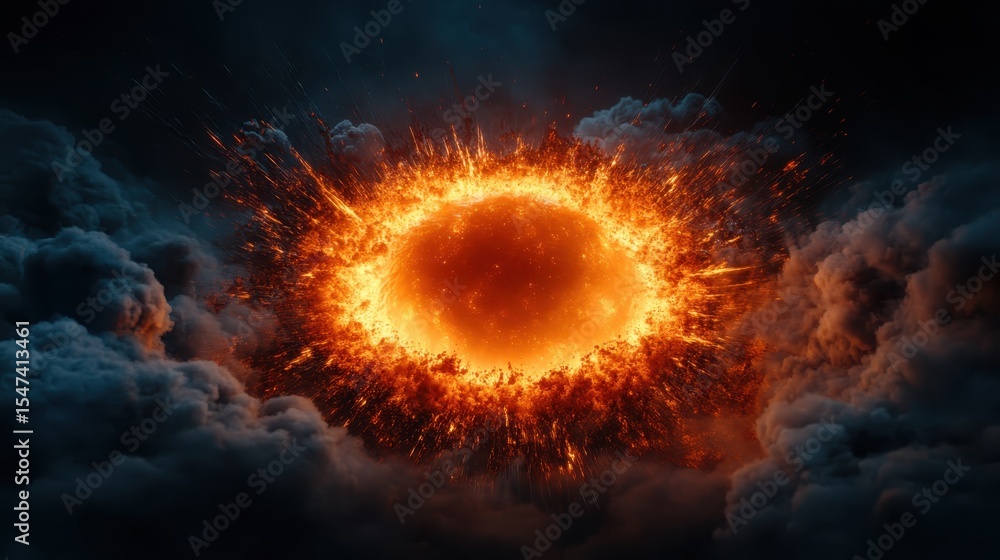 Poster a dramatic explosion radiates fiery energy and smoke, creating an intense celestial event that capti