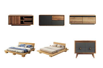 A collection of modern wooden furniture pieces showcasing minimalistic design