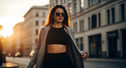 Fototapeta premium Confident fashionable woman walking city streets at sunset