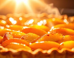 Golden peach tart with warm glaze and sunlit background