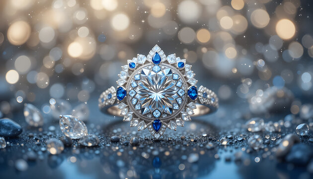 Sparkling jewellery diamonds, sapphire and white gold in a dazzling display