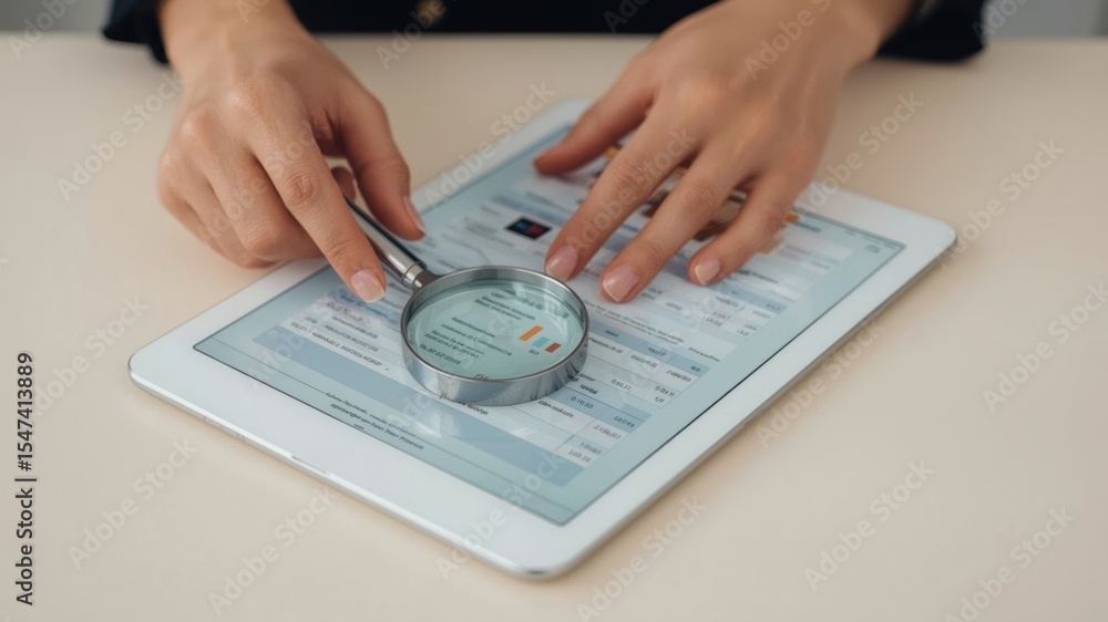 Poster a person examines a digital document on a tablet using a magnifying glass, focusing on details and i