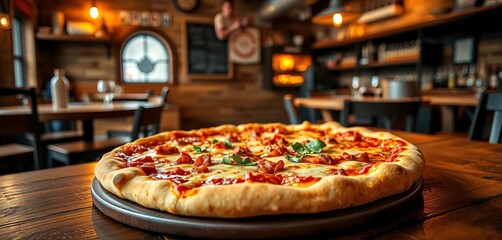 Hot, cheesy pizza on a wooden table in a rustic restaurant setting, rustic, food