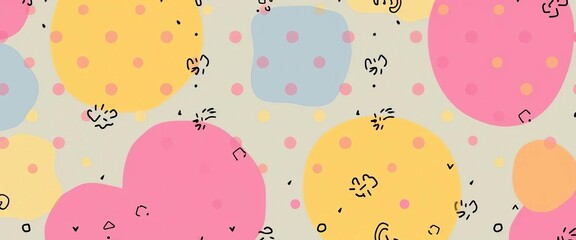 Handcrafted risograph gradient polka dot & doodle seamless pattern, colorful, doodles