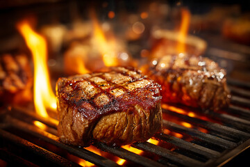 Juicy Grilled Beef Steak with Rosemary on Wooden Board. Hot and Smoky Gourmet Meat.