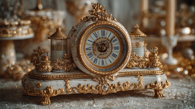 Vintage clock-shaped coffee table with countdown timer and glittery NYE props on funky white backdrop