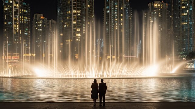 Romantic couple standing near illuminated Dubai fountains with towering skyscrapers in background, water jets dancing under bright city lights creating elegant and dreamy atmosphere - Powered by Adobe