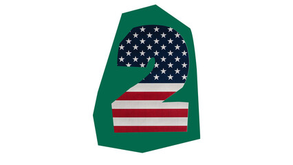 A stylized number two featuring the American flag design, set against a green shape.