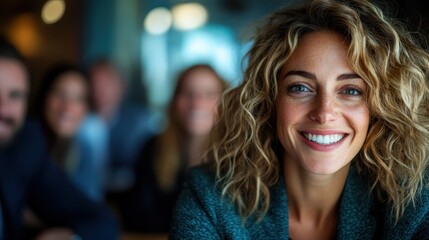 Fototapeta premium A joyful woman with curly hair smiles brightly at the camera, surrounded by friends, capturing the essence of happiness in a vibrant social atmosphere.