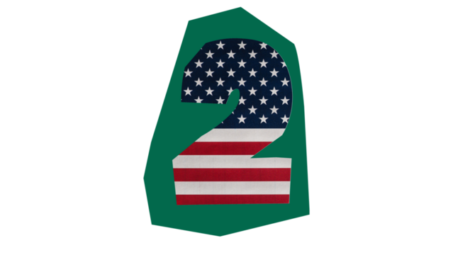 A stylized number two featuring the American flag design, set against a green shape.
