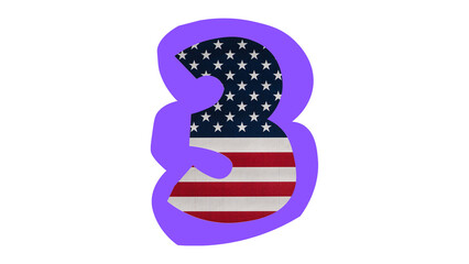 Number three with American flag pattern and purple outline on a white background.