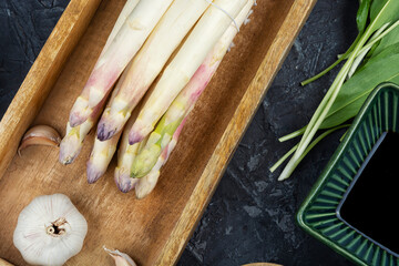 Bundles of white asparagus.