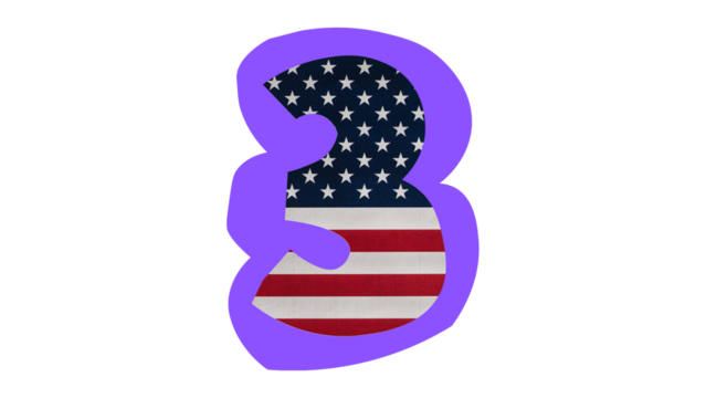Number three with American flag pattern and purple outline on a white background.